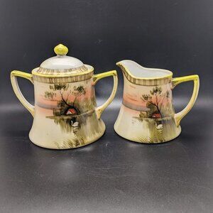 Nippon Creamer and Sugar Hand Painted Landscape Swan Lake Gold Gilt Porcelain